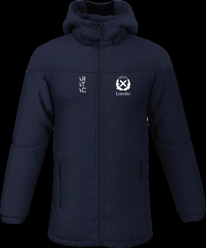 Navy Aratac and Loretto bespoke teamwear jacket, front view