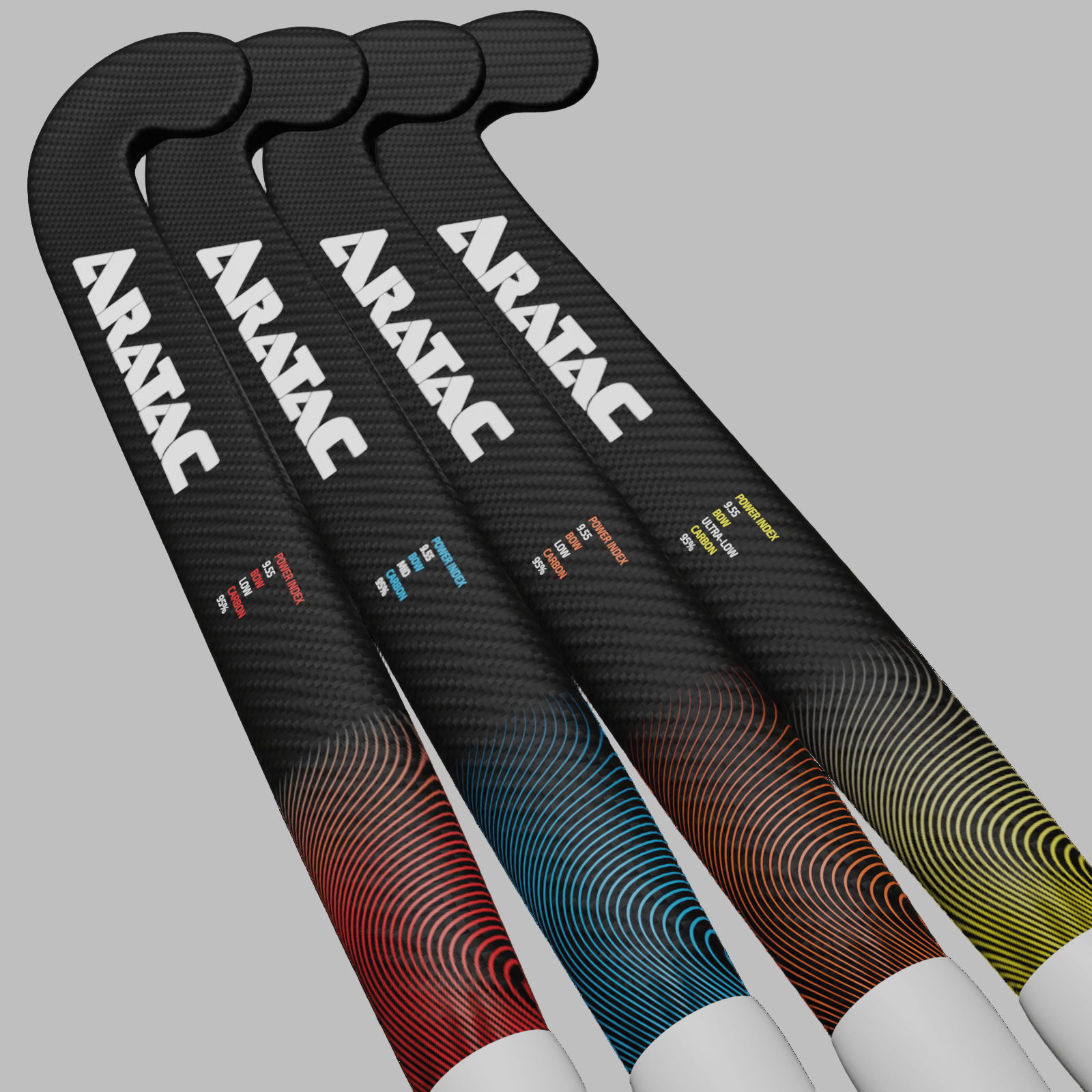 Close-up of four Aratac Nano Pro carbon-fibre hockey sticks