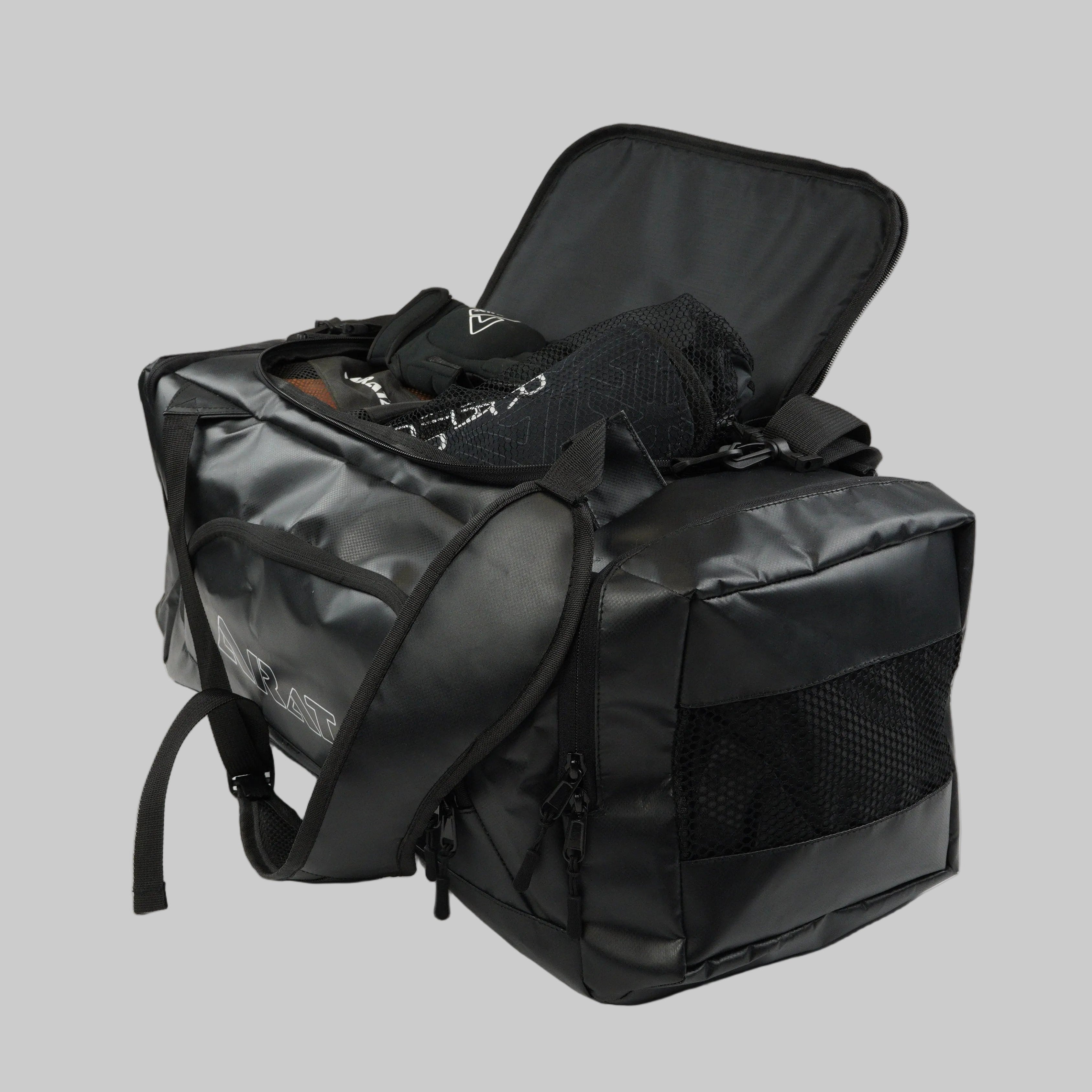 Black backpack with a visible brand logo on a white background