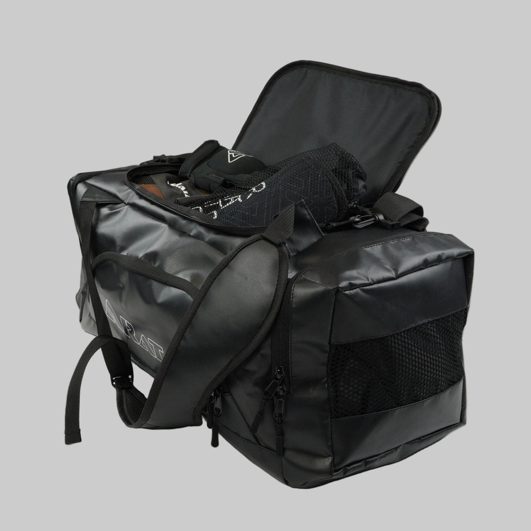 Black backpack with a visible brand logo on a white background